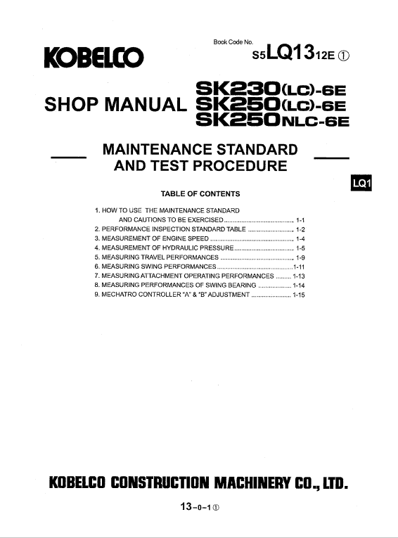 Kobelco SK250LC-6E Excavator Service Manual Workshop Guide