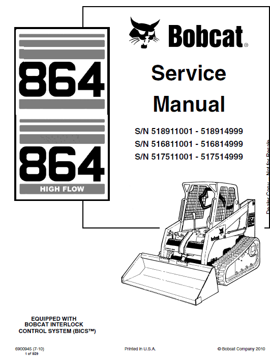 Bobcat 864 and 864H Skid-Steer Loader Service Manual Workshop Guide