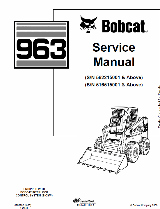 Bobcat 963 Skid-Steer Loader Service Manual Workshop Guide