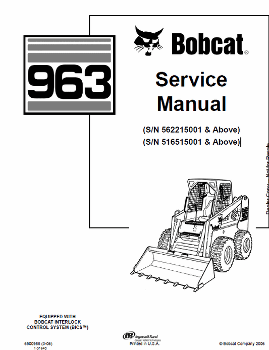Bobcat 963 Skid-Steer Loader Service Manual Workshop Guide