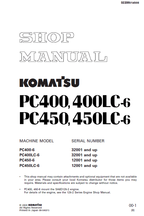 Komatsu PC450-6, PC450LC-6, PC450-6K, PC450LC-6K Excavator Manual Workshop Guide