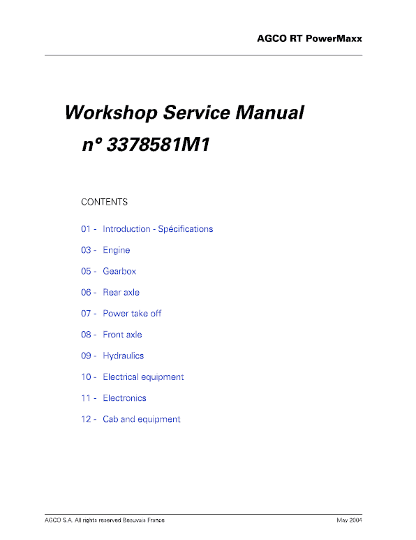 AGCO RT100, RT120, RT135, RT150 PowerMaxx CVT Service Manual Workshop Guide