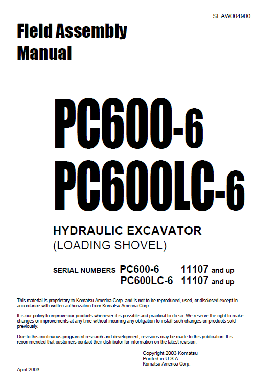 Komatsu PC600-6, PC600LC-6 Excavator Service Manual Workshop Guide
