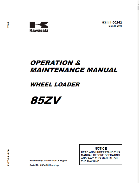 Kawasaki 85ZV Wheel Loader Repair Service Manual