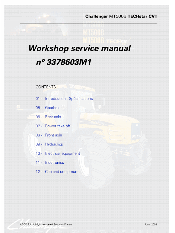 Challenger MT565B, MT575B, MT585B, MT595B Tractor Workshop Manual Workshop Guide