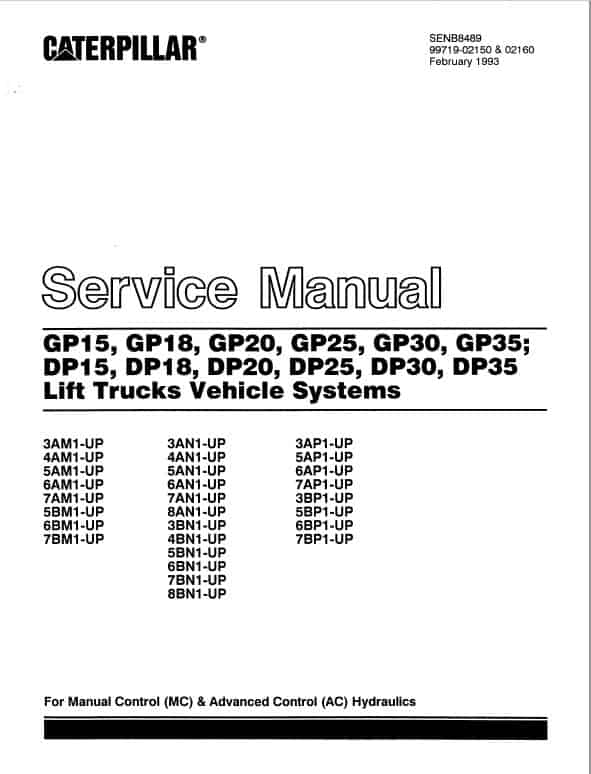 CAT DP15, DP18, DP20, DP25, DP30, DP35 Forklift Lift Truck Service Manual
