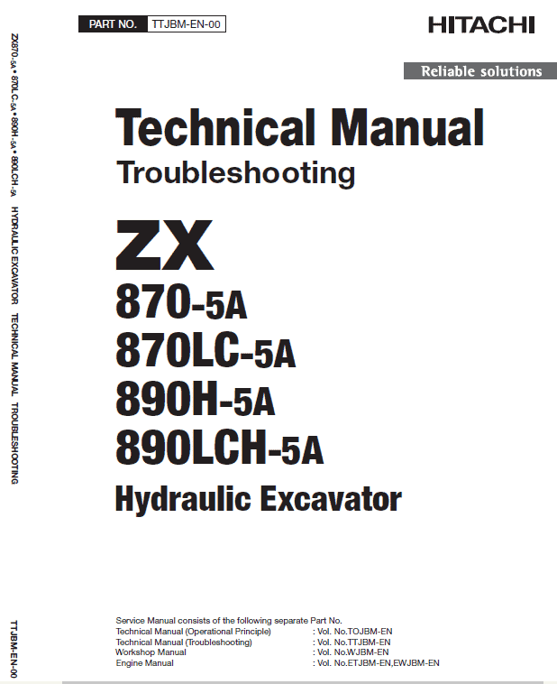 Hitachi ZX870-5A and 890H-5A Excavator Service Repair Manual Workshop Guide