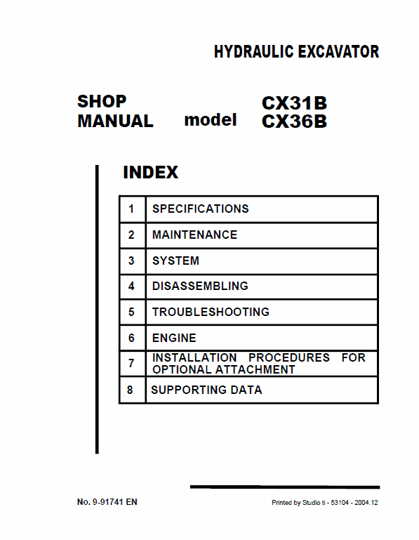 Case CX31B Mini Excavator Service Manual Workshop Guide
