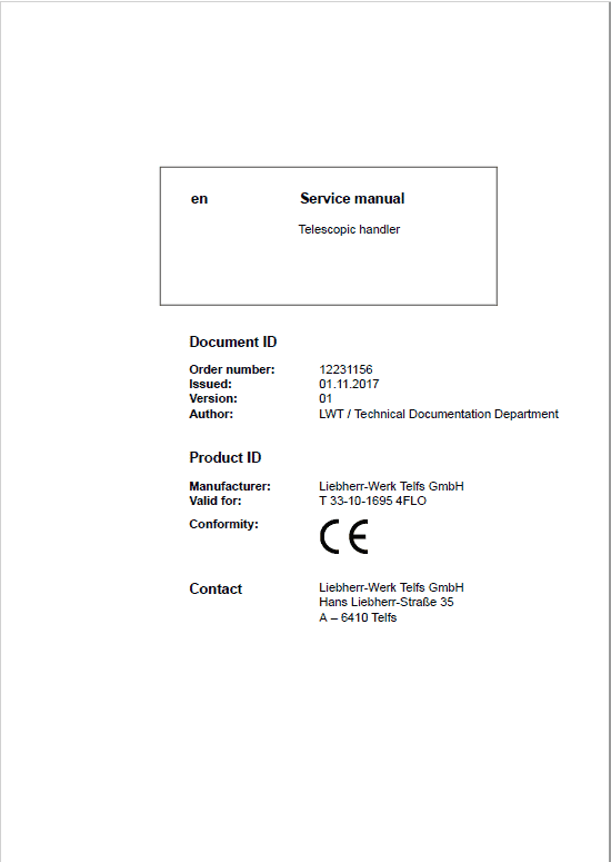 Liebherr T33-10 Telescopic Handler Service Manual