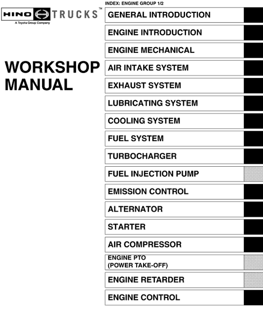 Hino 145, 165, 185, 238, 258LP, 268, 308, 338 Series Year 2008 Repair Manual Workshop Guide