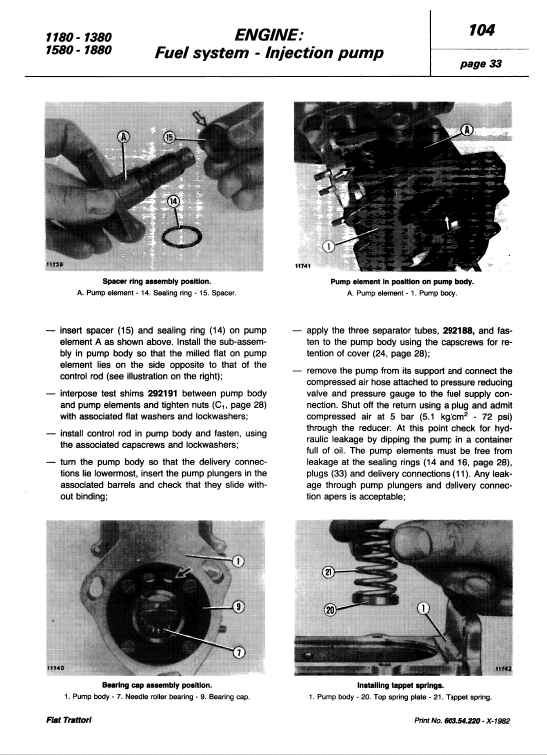 Fiat 1180, 1280, 1380, 1580, 1880 Tractor Service Manual Workshop Guide