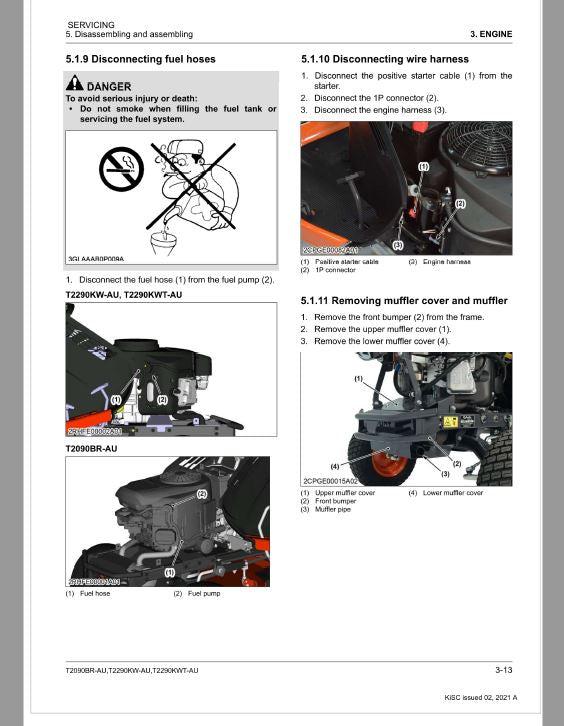 Kubota T2090BR-AU, T2290KW-AU, T2290KWT-AU Lawn Mower Workshop Repair Manual
