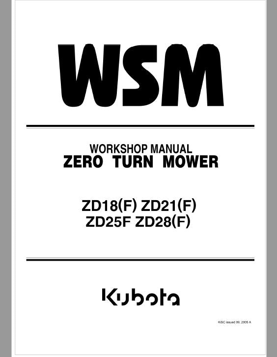 Kubota ZD18F, ZD21F, ZD25F, ZD28F Mower Workshop Repair Manual