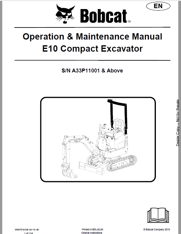 Bobcat E10 Excavator Repair Service Manual
