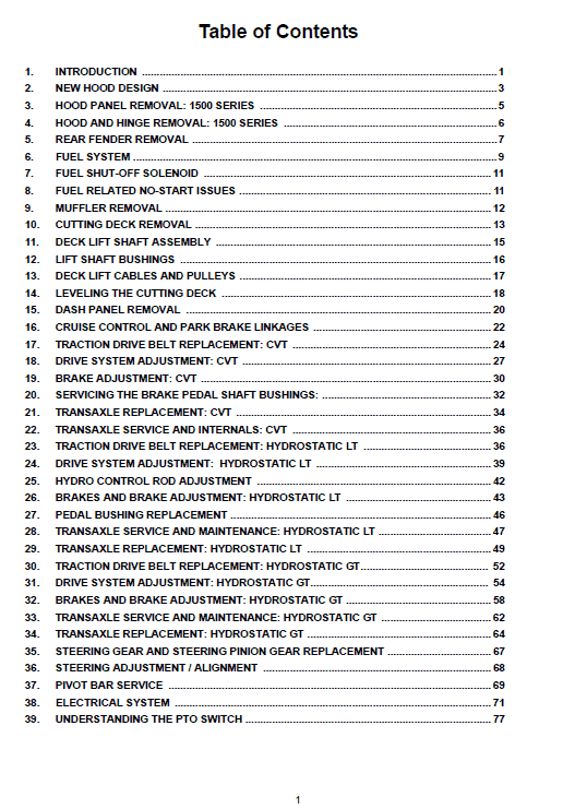Cub Cadet 1000 and 1500 Series Service Manual Workshop Guide
