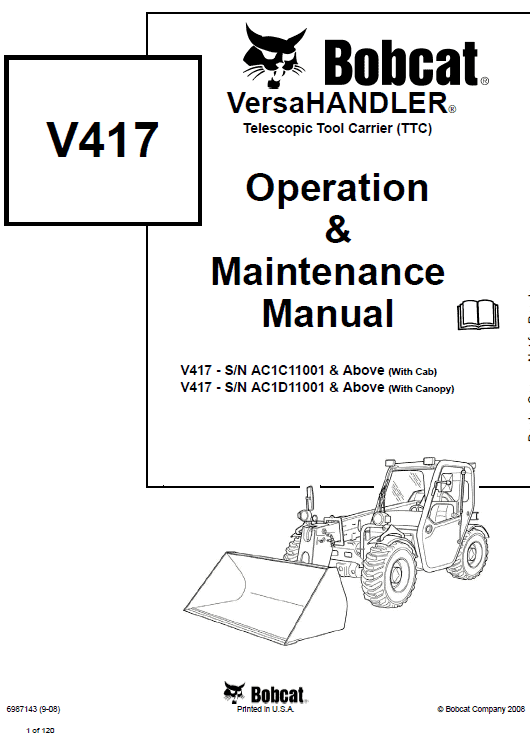 Bobcat V417 VersaHANDLER Telescopic Service Manual Workshop Guide