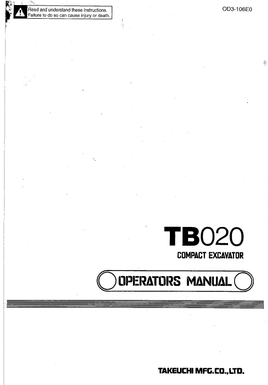 Takeuchi TB020 Compact Excavator Service Manual Workshop Guide