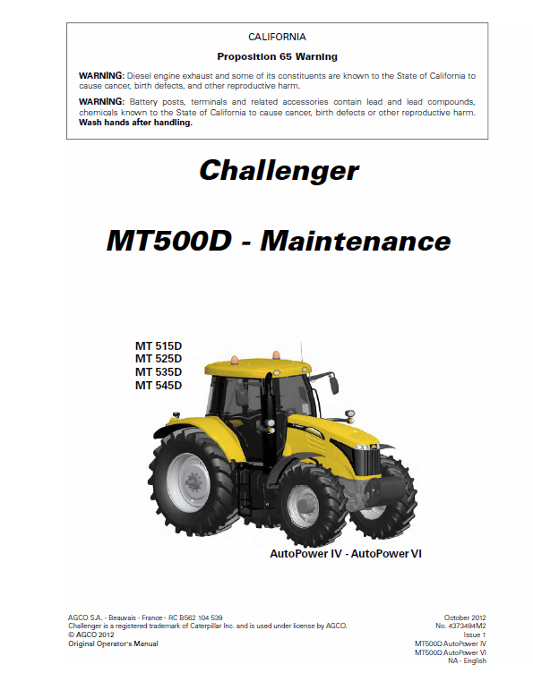 Challenger MT515D, MT525D, MT535D, MT545D Tractor Workshop Manual Workshop Guide