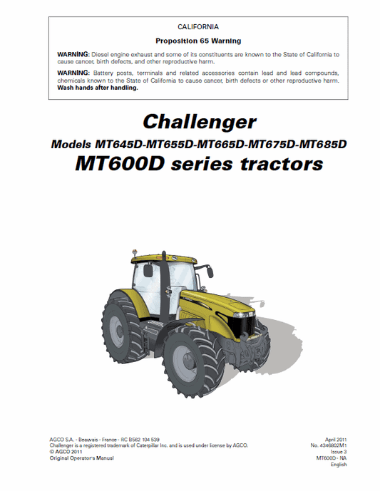 Challenger MT645D, MT655D, MT665D, MT675D, MT685D Tractor Workshop Manual Workshop Guide