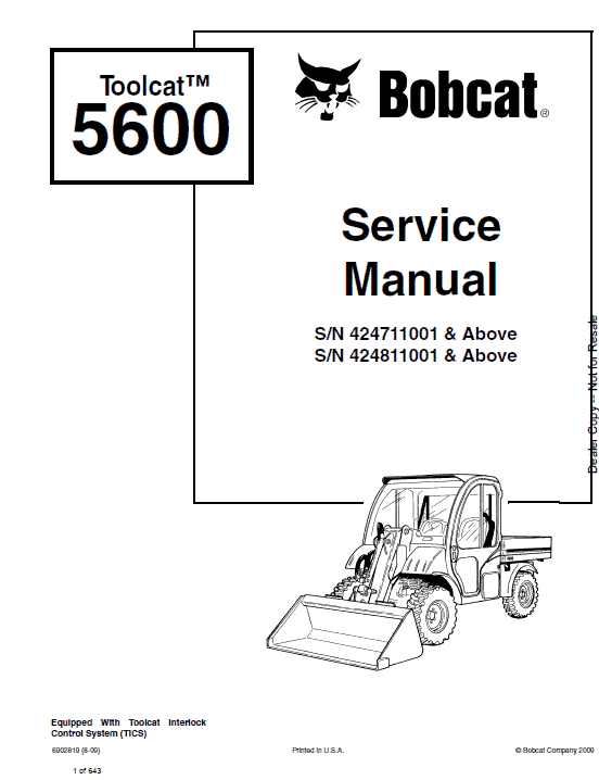 Bobcat 5600 Toolcat Utility Vehicle Service Manual Workshop Guide