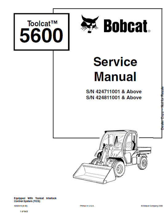 Bobcat 5600 Toolcat Utility Vehicle Service Manual Workshop Guide