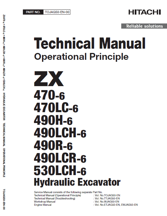Hitachi ZX470-6, ZX490LCH-6 and ZX530LCH-6 Excavator Repair Manual Workshop Guide