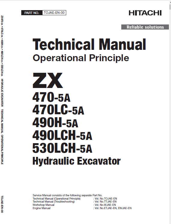 Hitachi ZX470-5A, ZX490LCH-5A and ZX530LCH-5A Excavator Service Repair Manual Workshop Guide