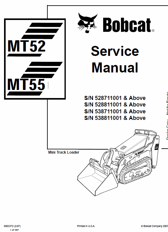 Bobcat MT52 and MT55 Mini Loader Service Manual Workshop Guide