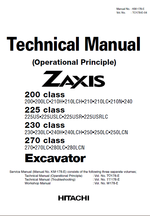 Hitachi ZX200, ZX225USR, ZX230 and ZX270 ZAXIS Excavator Repair Manual Workshop Guide