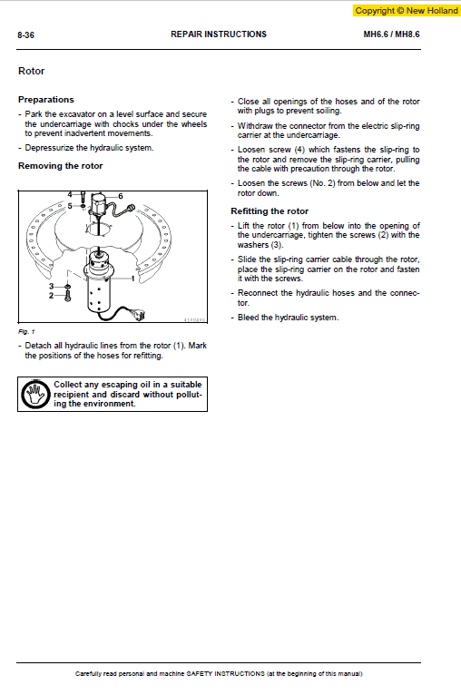 New Holland MH6.6 and MH8.6 Excavator Manual Workshop Guide