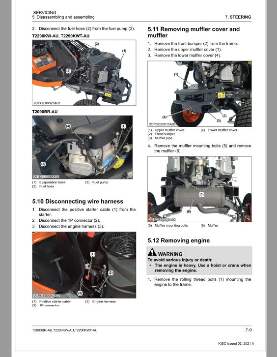 Kubota T2090BR-AU, T2290KW-AU, T2290KWT-AU Lawn Mower Workshop Repair Manual