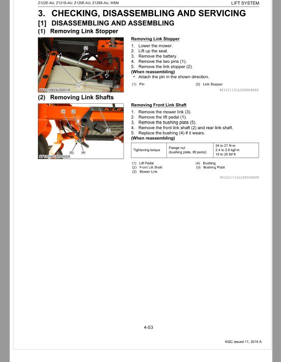 Kubota Z122E-AU, Z121S-AU, Z125E-AU, Z125S-AU Mower Workshop Repair Manual