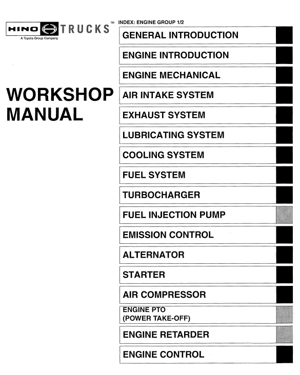 Hino 145, 165, 185, 238, 258LP, 268, 308, 338 Series Year 2009 Repair Manual Workshop Guide