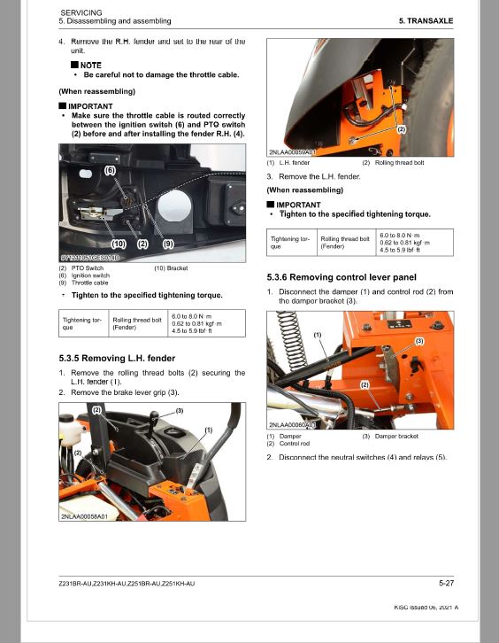 Kubota Z231BR-AU, Z231KH-AU, Z251BR-AU, Z251KH-AU Mower Repair Manual