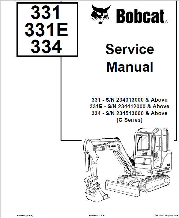 Bobcat 331, 331E and 334 Excavator Service Manual Workshop Guide