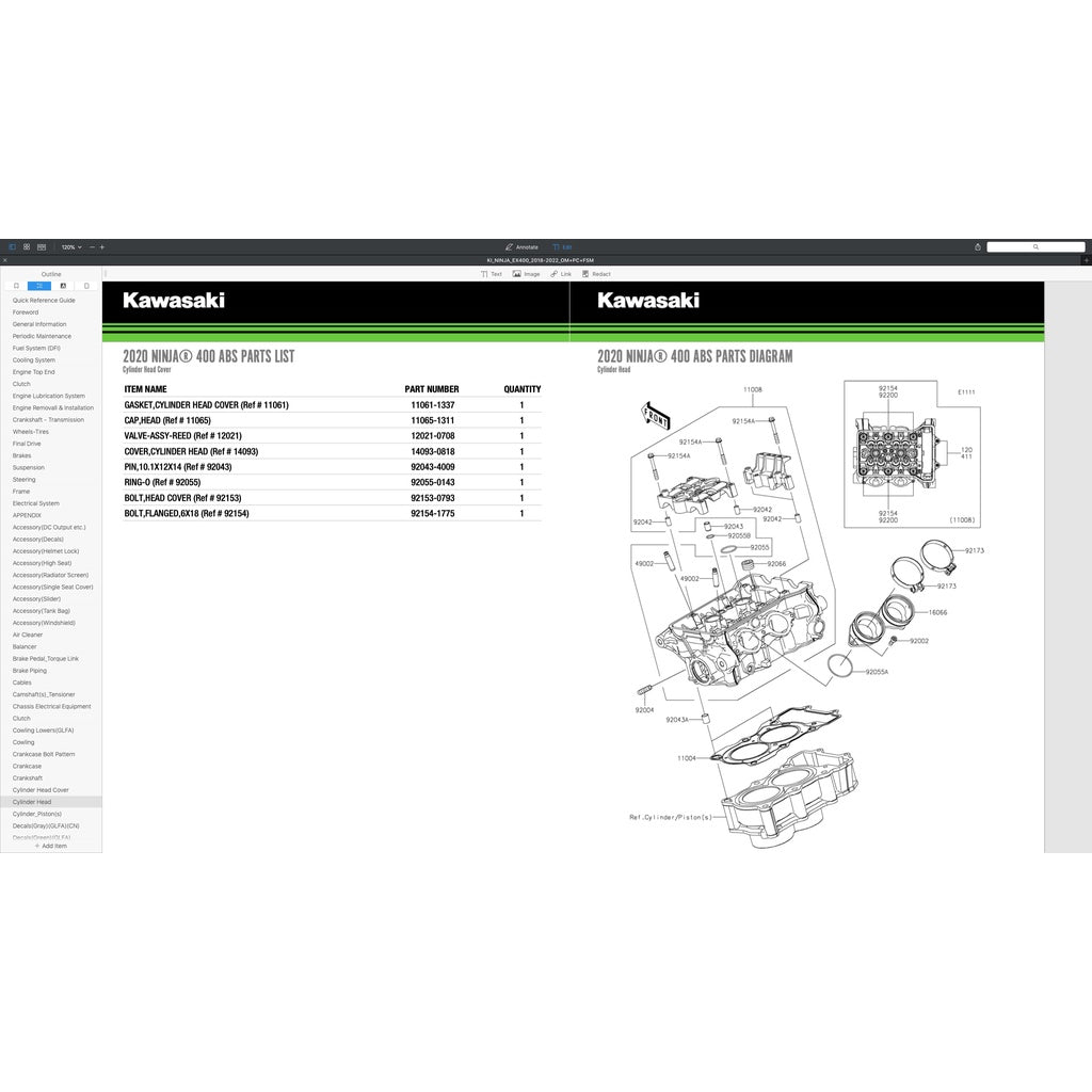 KAWASAKI NINJA 400 2018-2022 Full Manual Set – Repair & Maintenance Manual and Spare Parts Catalog andUser Handbook