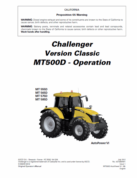 Challenger MT555D, MT565D, MT575D, MT585D, MT595D Tractor Workshop Manual Workshop Guide