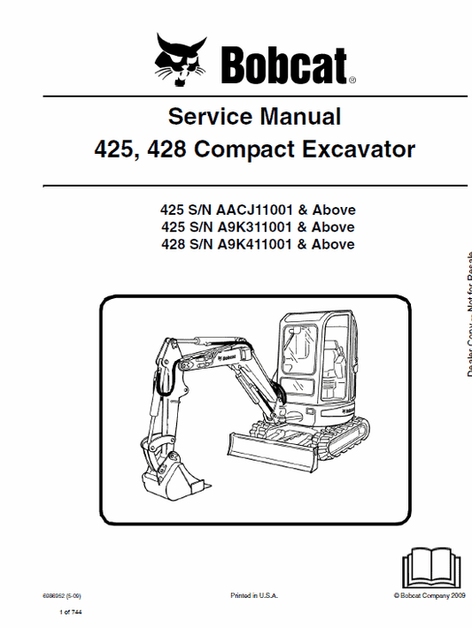 Bobcat 425 and 428 Compact Excavator Service Manual Workshop Guide