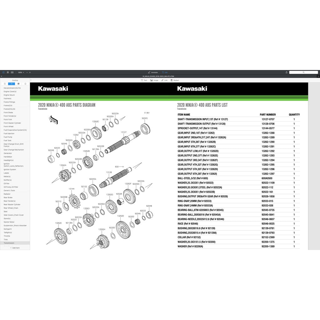 KAWASAKI NINJA 400 2018-2022 Full Manual Set – Repair & Maintenance Manual and Spare Parts Catalog andUser Handbook