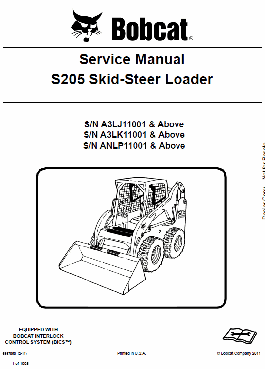 Bobcat S205 Skid-Steer Loader Service Manual Workshop Guide
