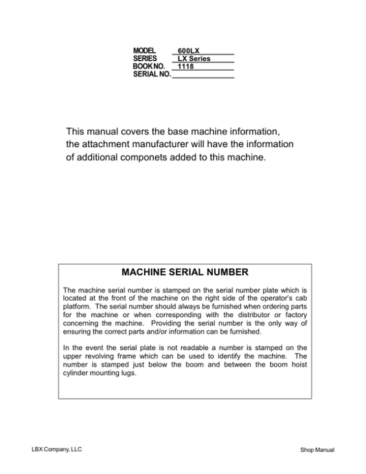 Linkbelt 600LX, 600LX MH Excavator Service Repair Manual Workshop Guide