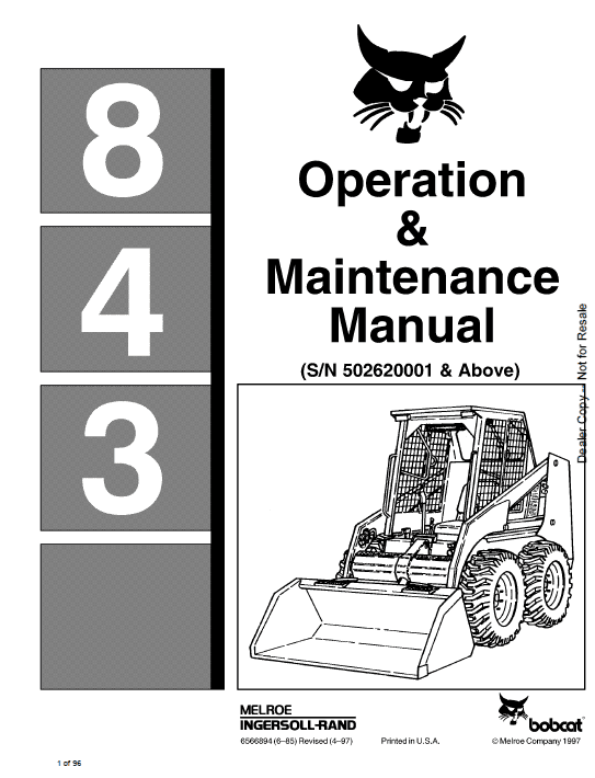 Bobcat 843 and 843B Skid-Steer Loader Service Manual Workshop Guide