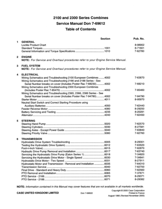Case 2100, 2300 Series Combines Service Repair Manual Workshop Guide