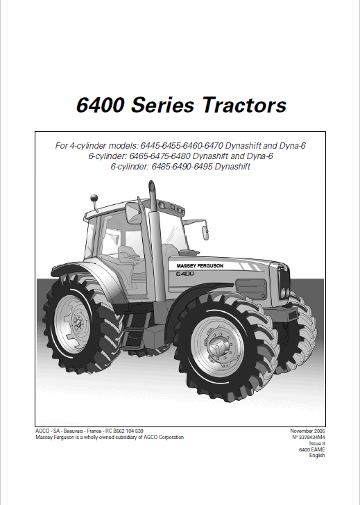 Massey Ferguson 6485, 6490, 6495, 6497, 6499 Tractor Service Manual Workshop Guide