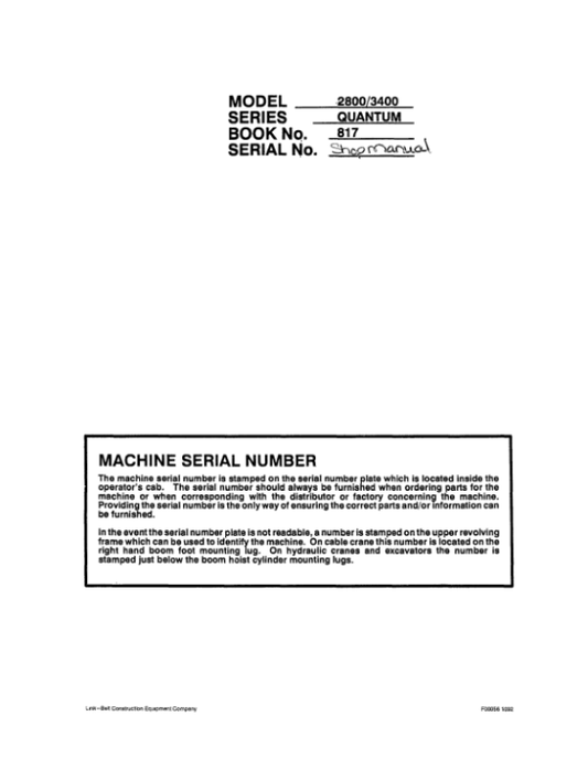 Linkbelt 2800Q, 2800Q2, 3400Q, 3400Q2 Quantum Excavator Service Repair Manual Workshop Guide