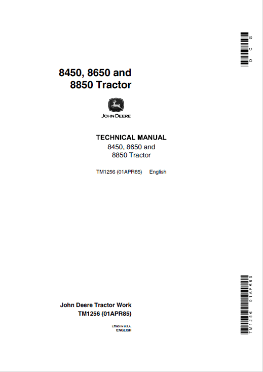 John Deere 8850 Tractor Technical Manual (TM1254 and TM1256) Workshop Guide