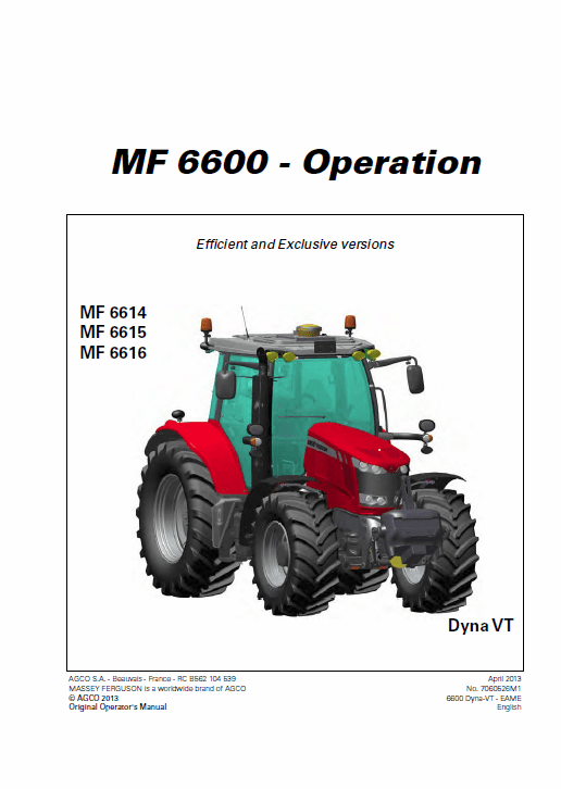 Massey Ferguson 6612, 6613, 6614, 6615 Tractor Service Manual Workshop Guide