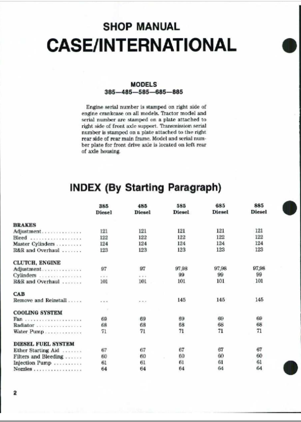 Case 385, 485, 585, 685, 885 Tractors Repair Manual Workshop Guide