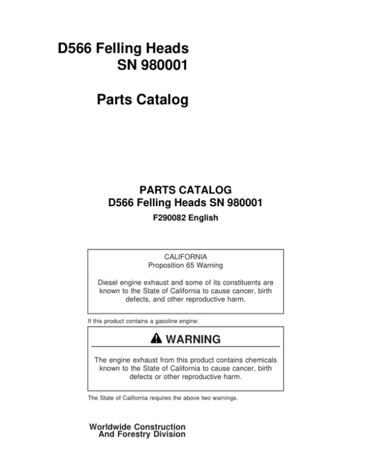 Timberjack D566 Felling Heads (SN 980001-) Parts Catalog Manual – F290082 Workshop Guide