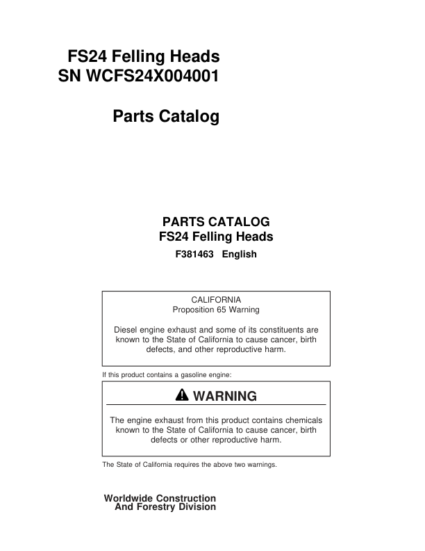 Timberjack FS24 Stt Disc Saw Felling Heads (SN WCFS24X004001) Parts Catalog Manual – F381463 Workshop Guide